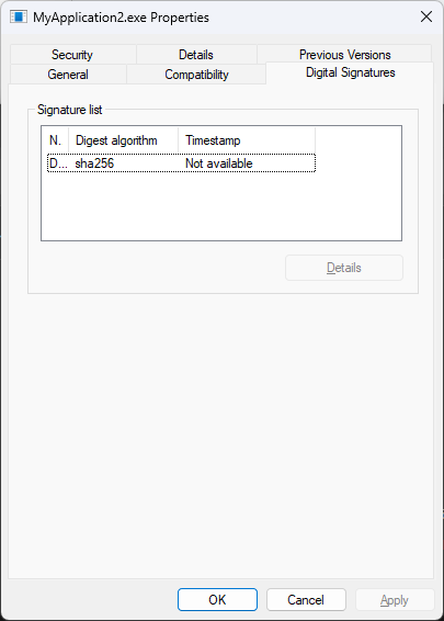 Digital Signatures tab on App properties