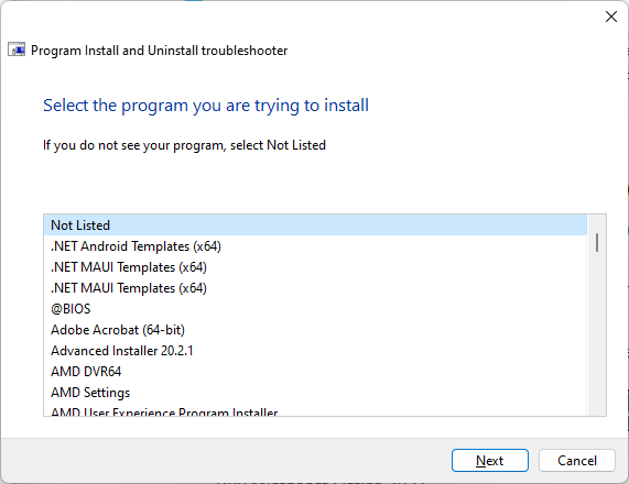 Not Listed - Select a program you are trying to install