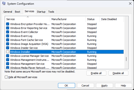 uncheck Windows Installer and restart the computer