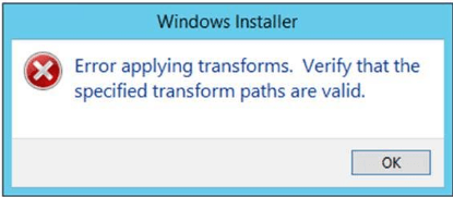 MSI Error 1624: Error applying transforms