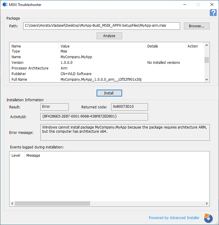 MSIX Error - process architecture (0x80073D10)