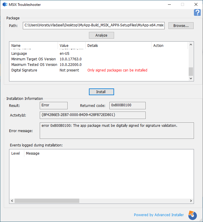 MSIX Error - Package is Not Signed (0x800B0100)