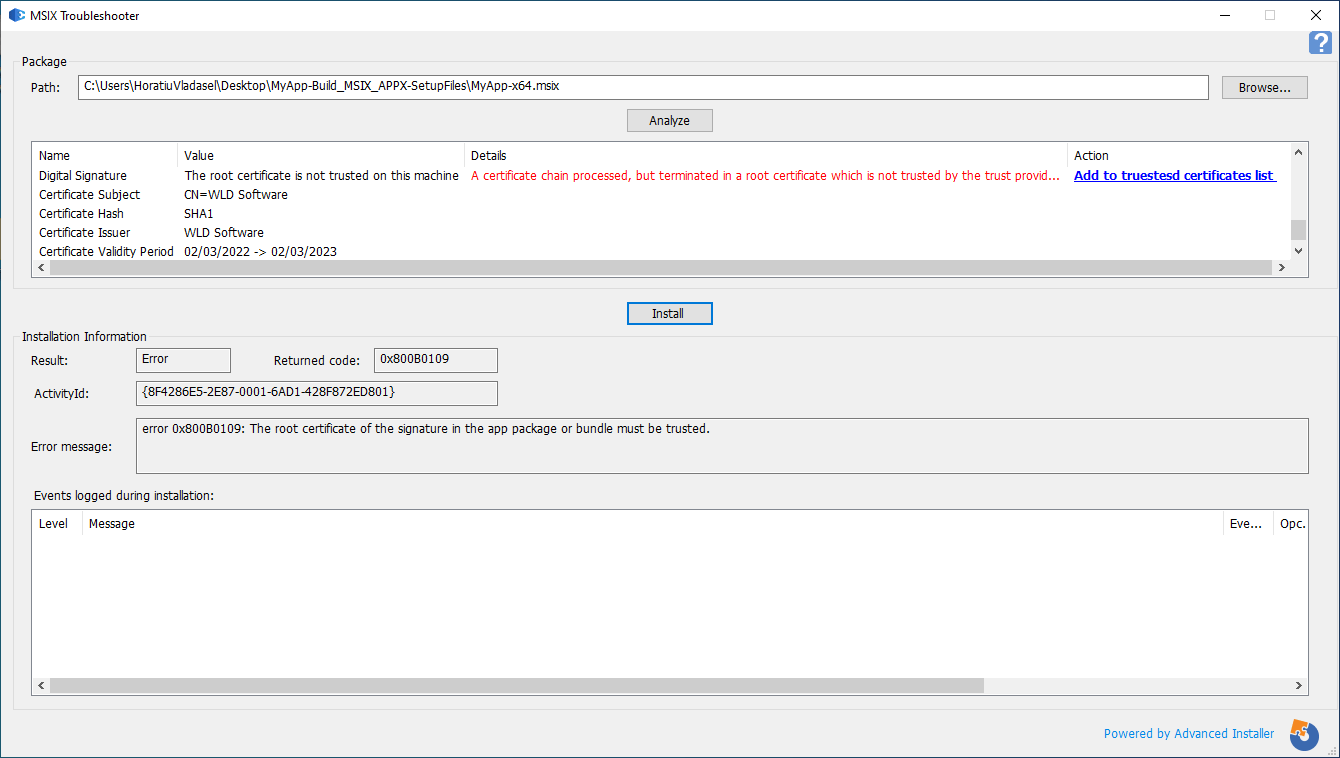 MSIX Error - the certificate is not installed on the target device (0x800B0109)