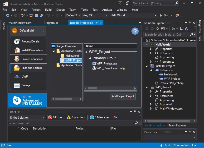 advanced installer visual studio solution in .aip file