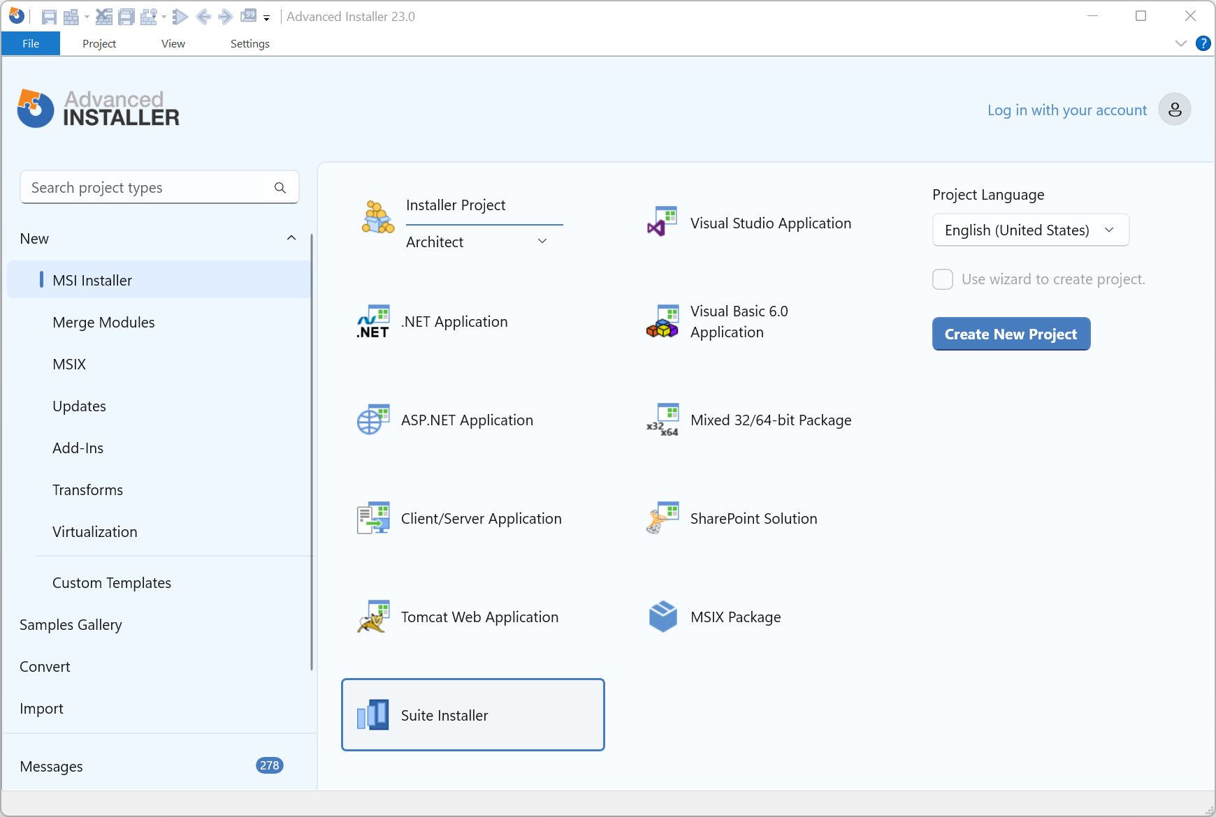 Start an "Suite Installation" project type