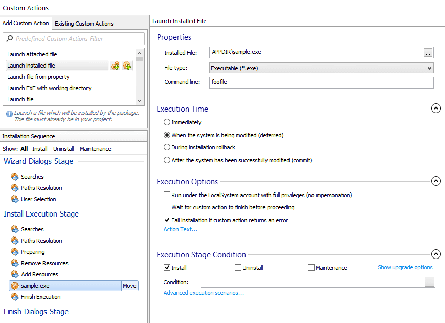 advanced installer custom action pipe output