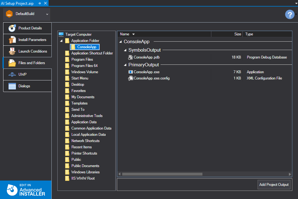 advanced installer project for visual studio solution