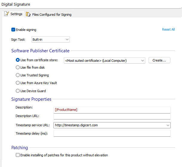 Digital signature settings tab