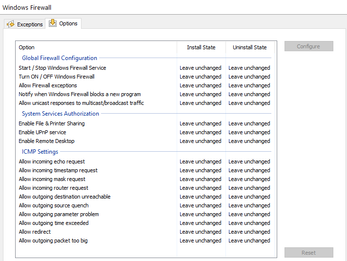 Firewall options tab