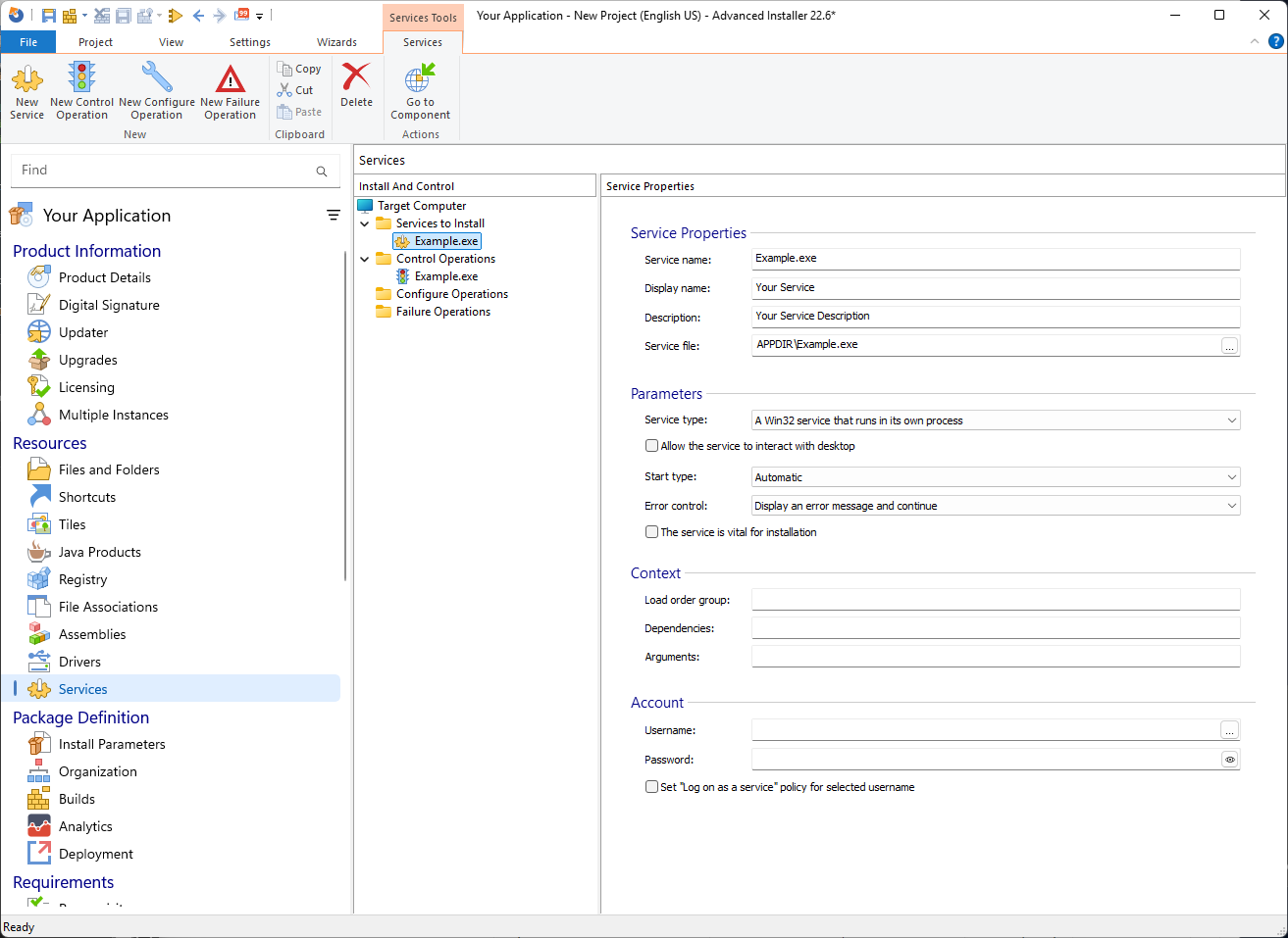 New Service adding option in Advanced Installer