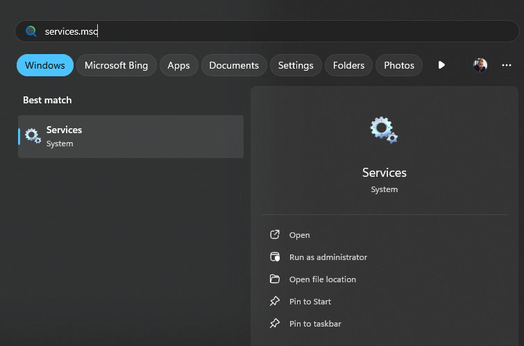 Services.msc in Start Menu