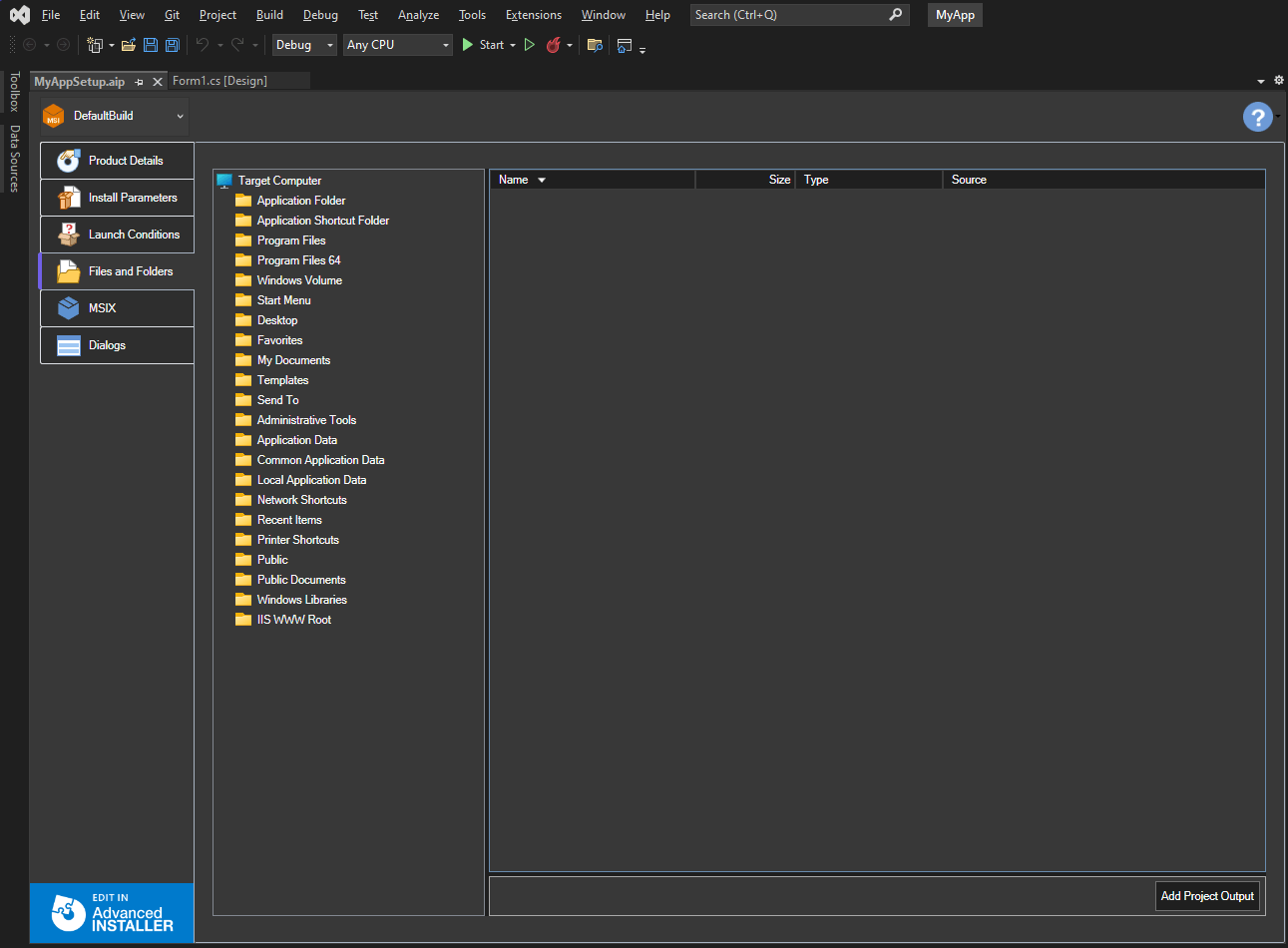 Advanced Installer project in VS