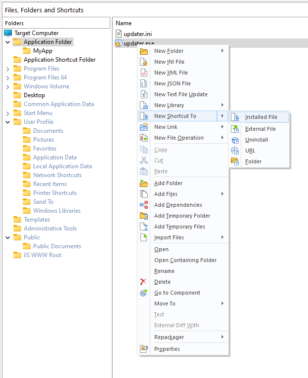 Create shortcut for installed file