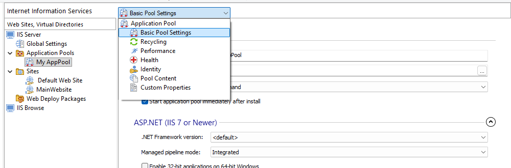 Basic Pool Settings dropdown menu in Advanced Installer Basic Pool Settings dropdown menu in Advanced Installer
