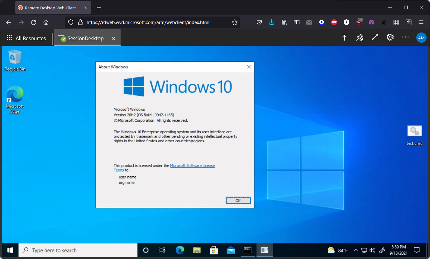 Azure Virtual Desktop Windows 10