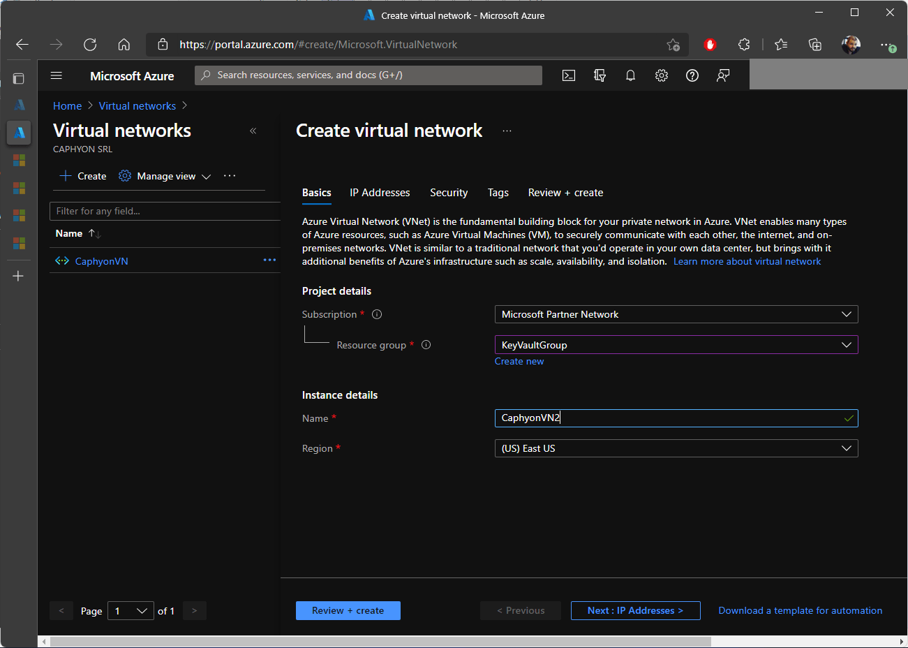 Create Virtual Network Step 1