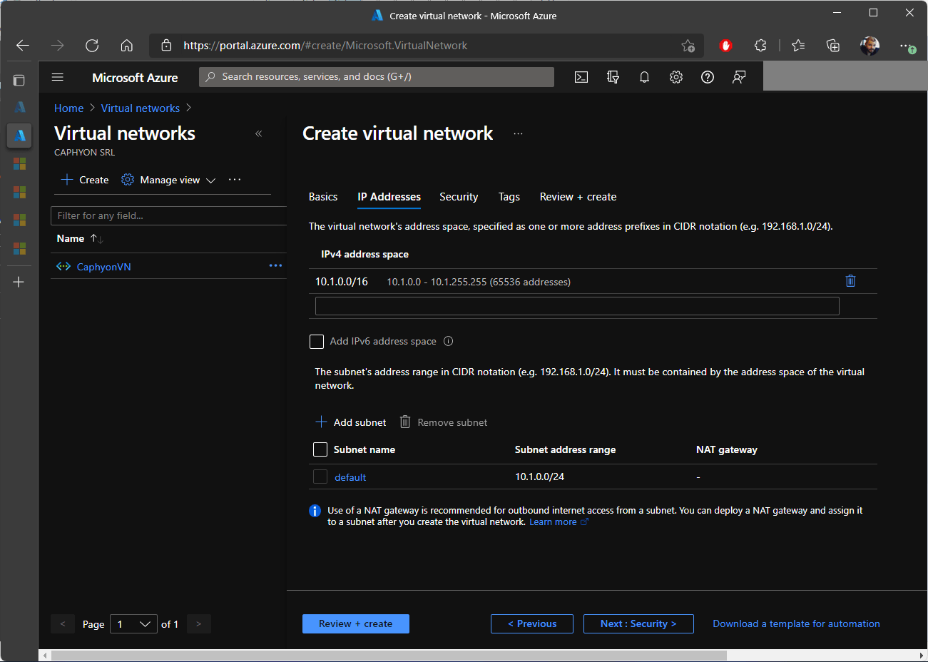 Create Virtual Network Step 2