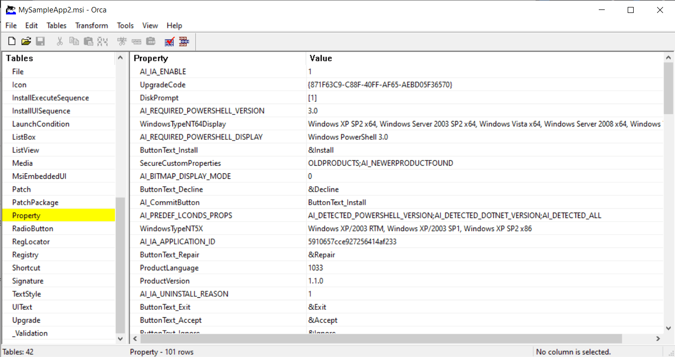 Orca Property Table