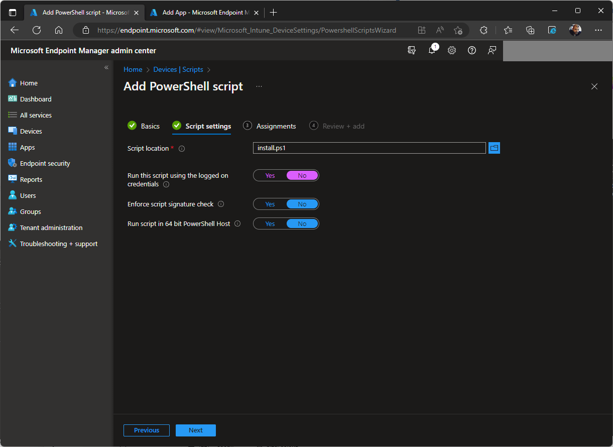 Intune PowerShell Script Settings