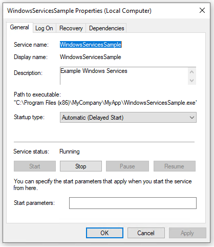 Windows service details
