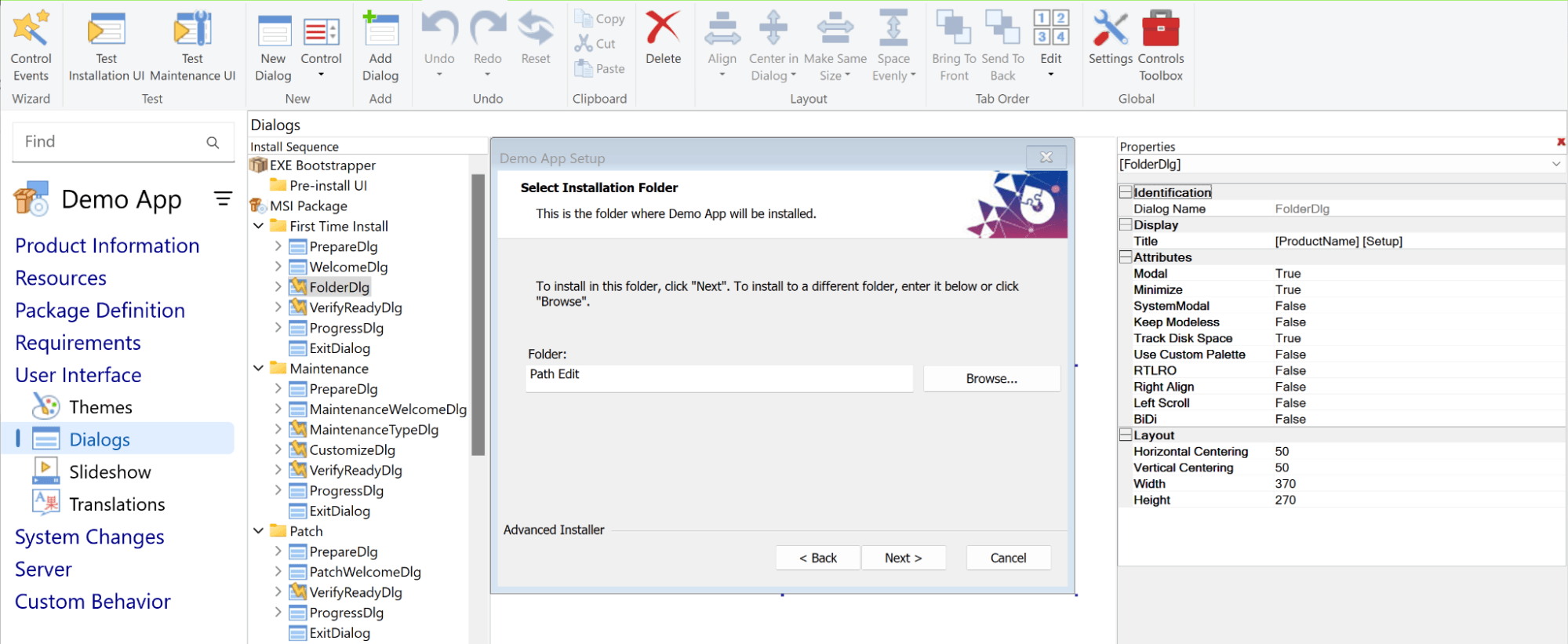 Dialog Editor section in Advanced Installer Dialog Editor section in Advanced Installer